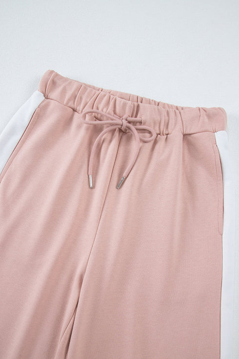 Varsity Stripe Contrast Collar Drop Shoulder Pullover And Drawstring Wide Leg Pant Set